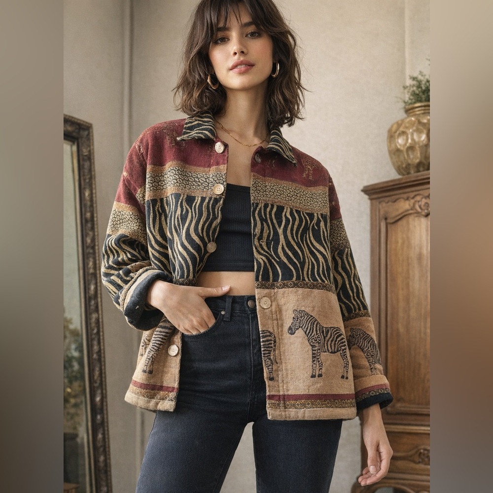 Vintage Sag Harbor Safari Zebra Tapestry Jacket Button Front Animal Print